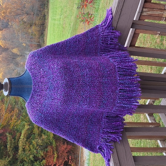 Hand Crafted Sweaters - Hand Crafted Knit Purple Poncho Soft Boho Bohemian Festival Essential Chunky